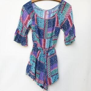 Hollister Patchwork Off Shoulder Romper 3/4 Ruffle Sleeve Tassel Tie Waist Boho